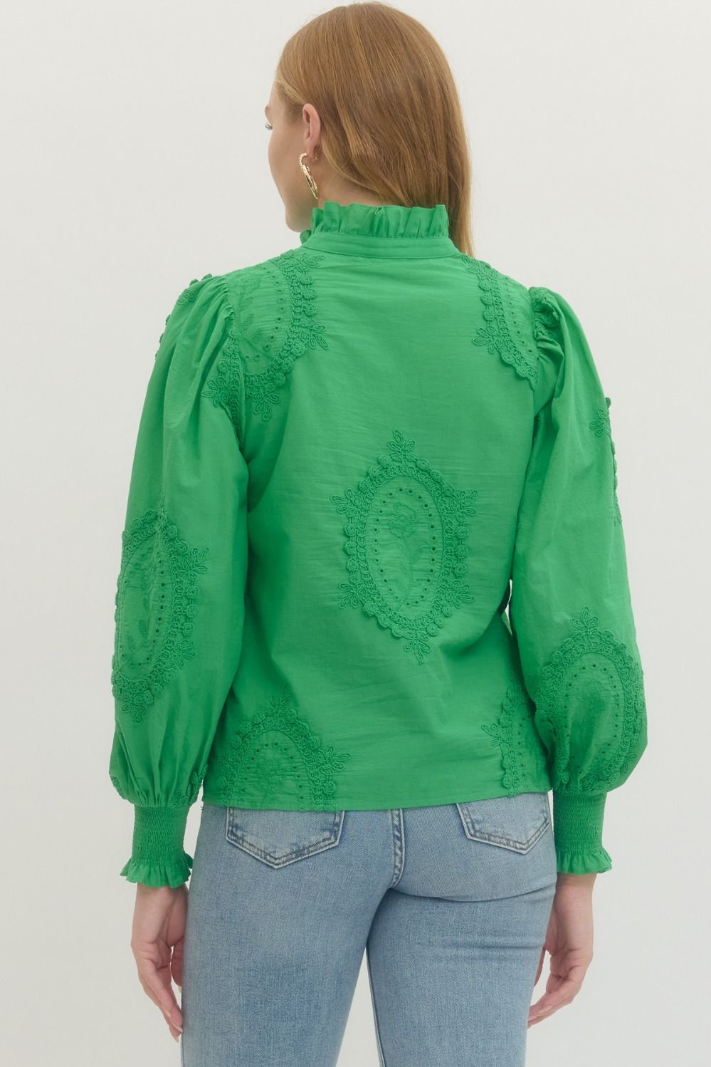 Embroiderd Long Sleeve Top with Eyelet Detail