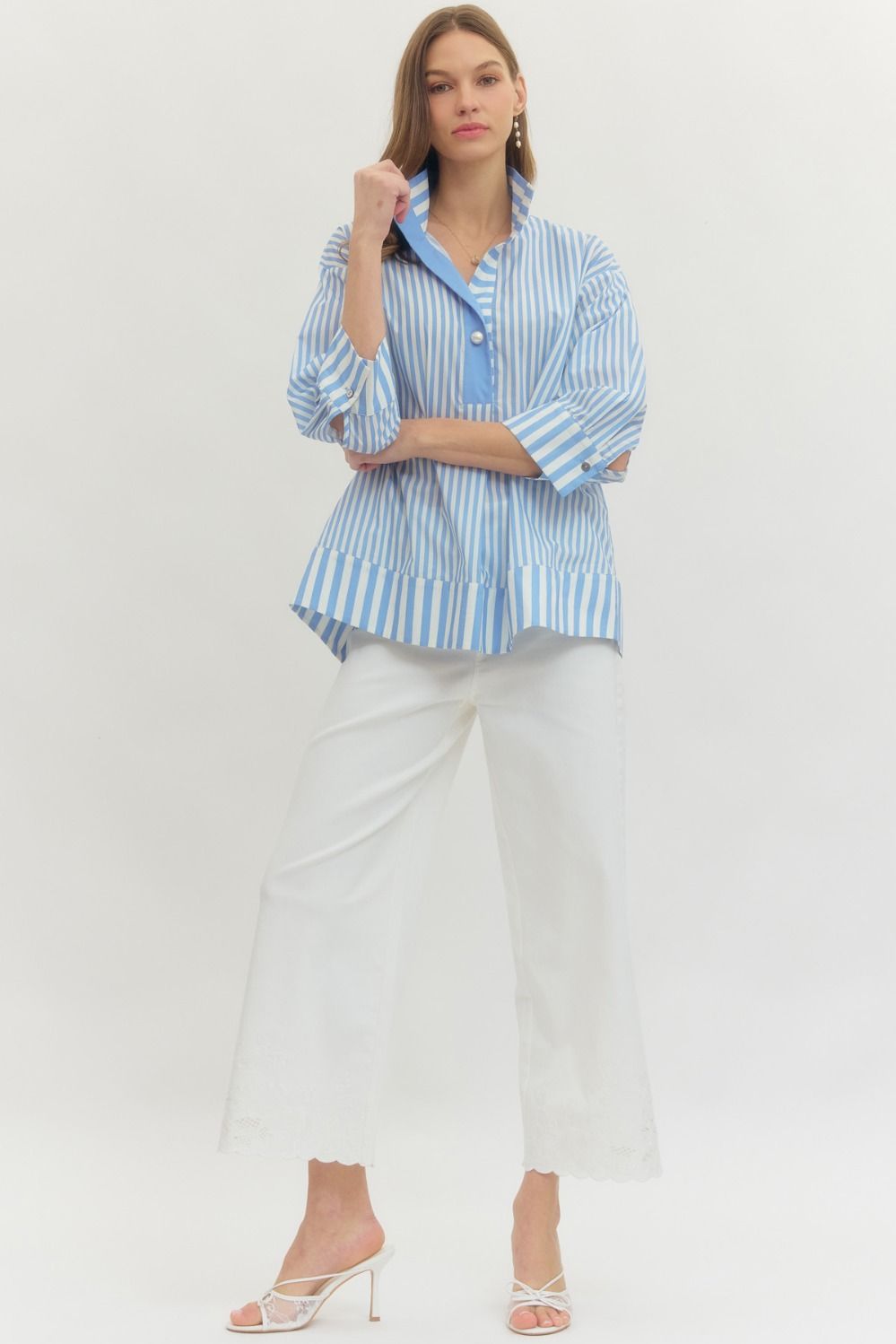 Blue Stripe 3/4 Sleeve Collard Top
