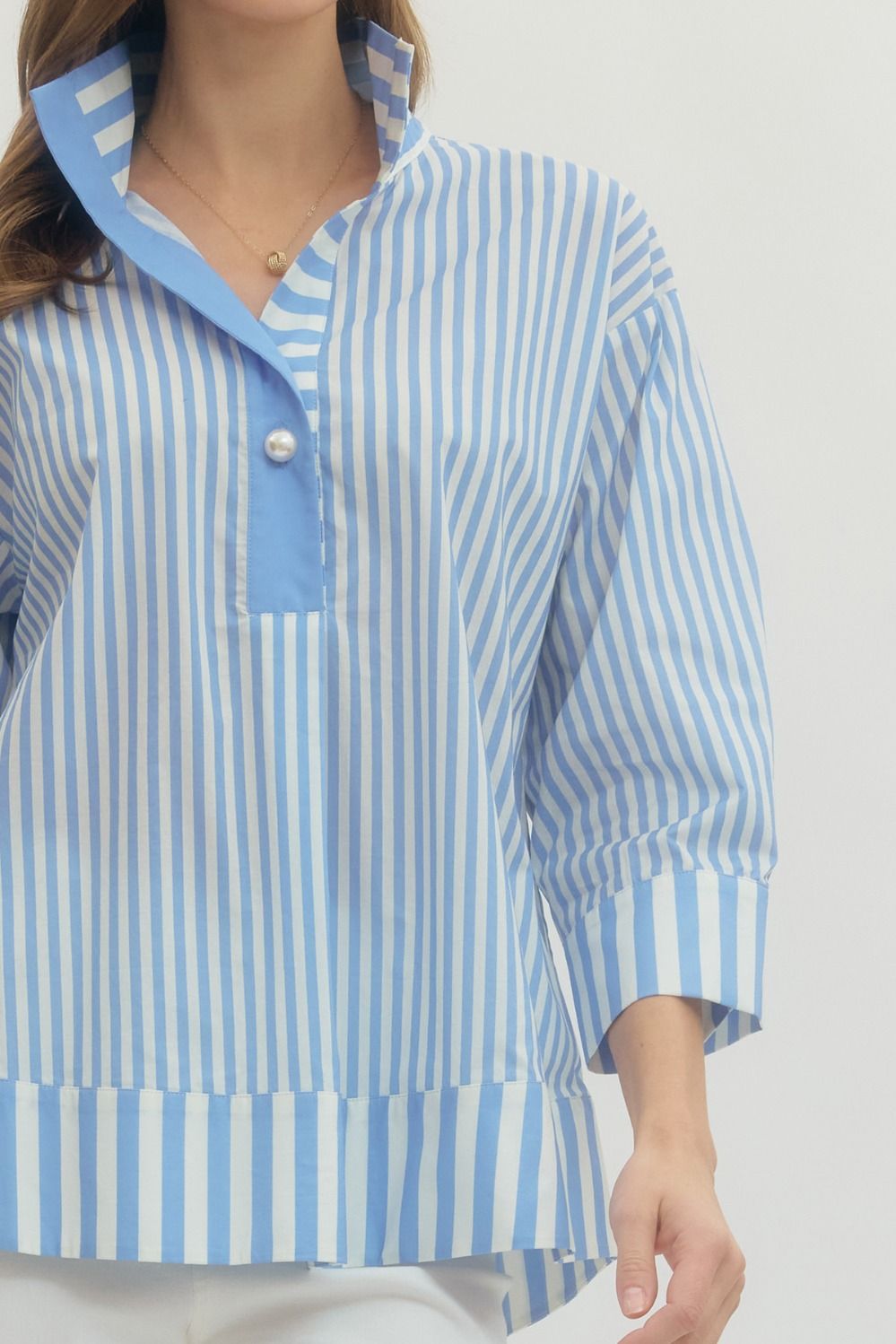 Blue Stripe 3/4 Sleeve Collard Top