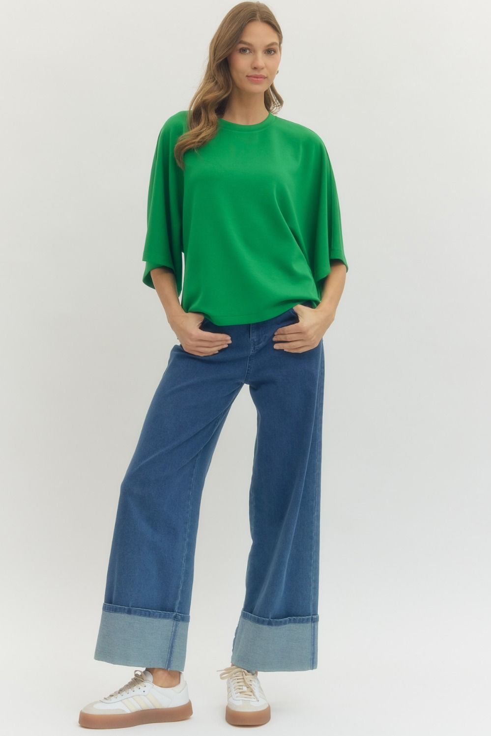Solid Elbow Sleeve Top Relaxed Silhouette