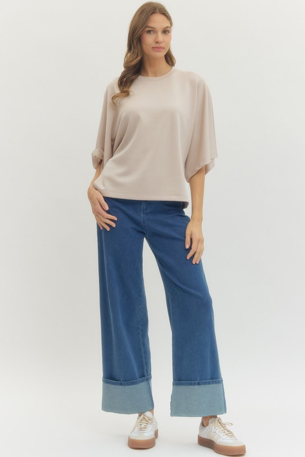 Solid Elbow Sleeve Top Relaxed Silhouette