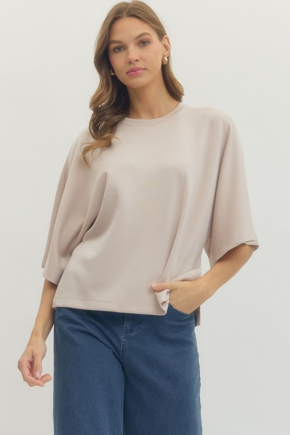 Solid Elbow Sleeve Top Relaxed Silhouette