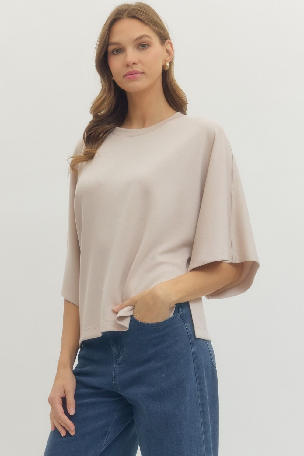 Solid Elbow Sleeve Top Relaxed Silhouette