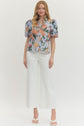 Floral Print Puff Sleeve V-Neck Button Up Top