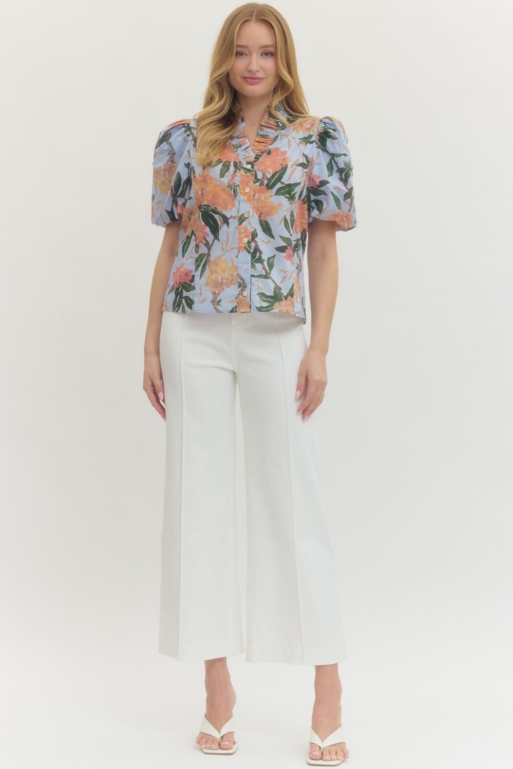 Floral Print Puff Sleeve V-Neck Button Up Top