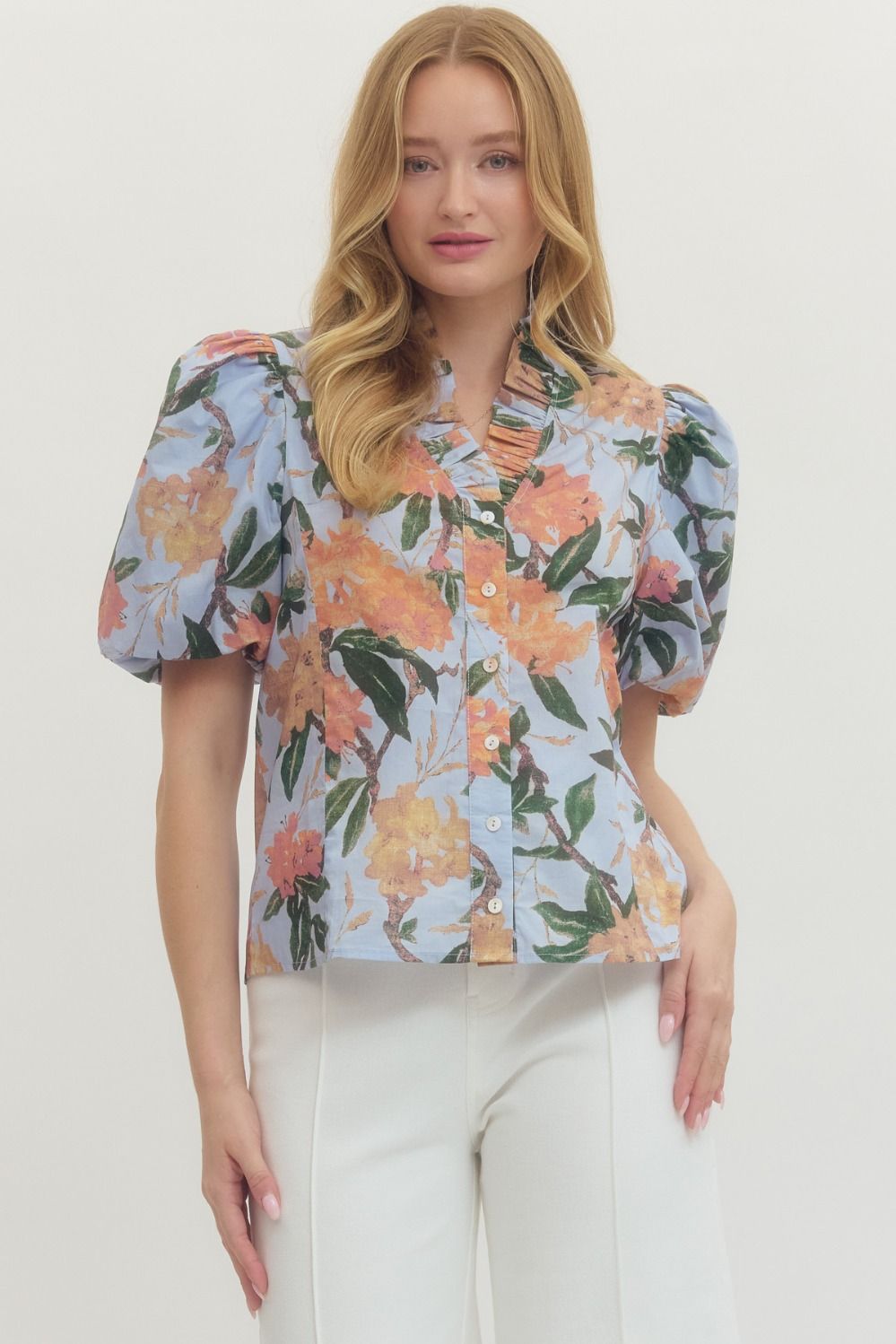 Floral Print Puff Sleeve V-Neck Button Up Top
