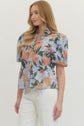 Floral Print Puff Sleeve V-Neck Button Up Top