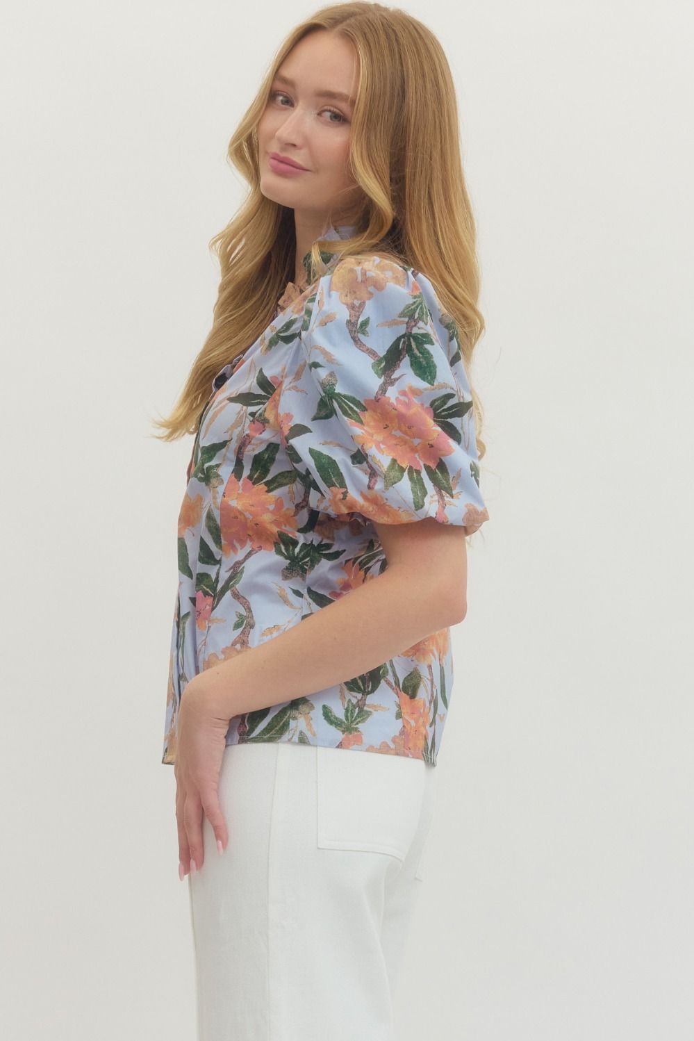 Floral Print Puff Sleeve V-Neck Button Up Top