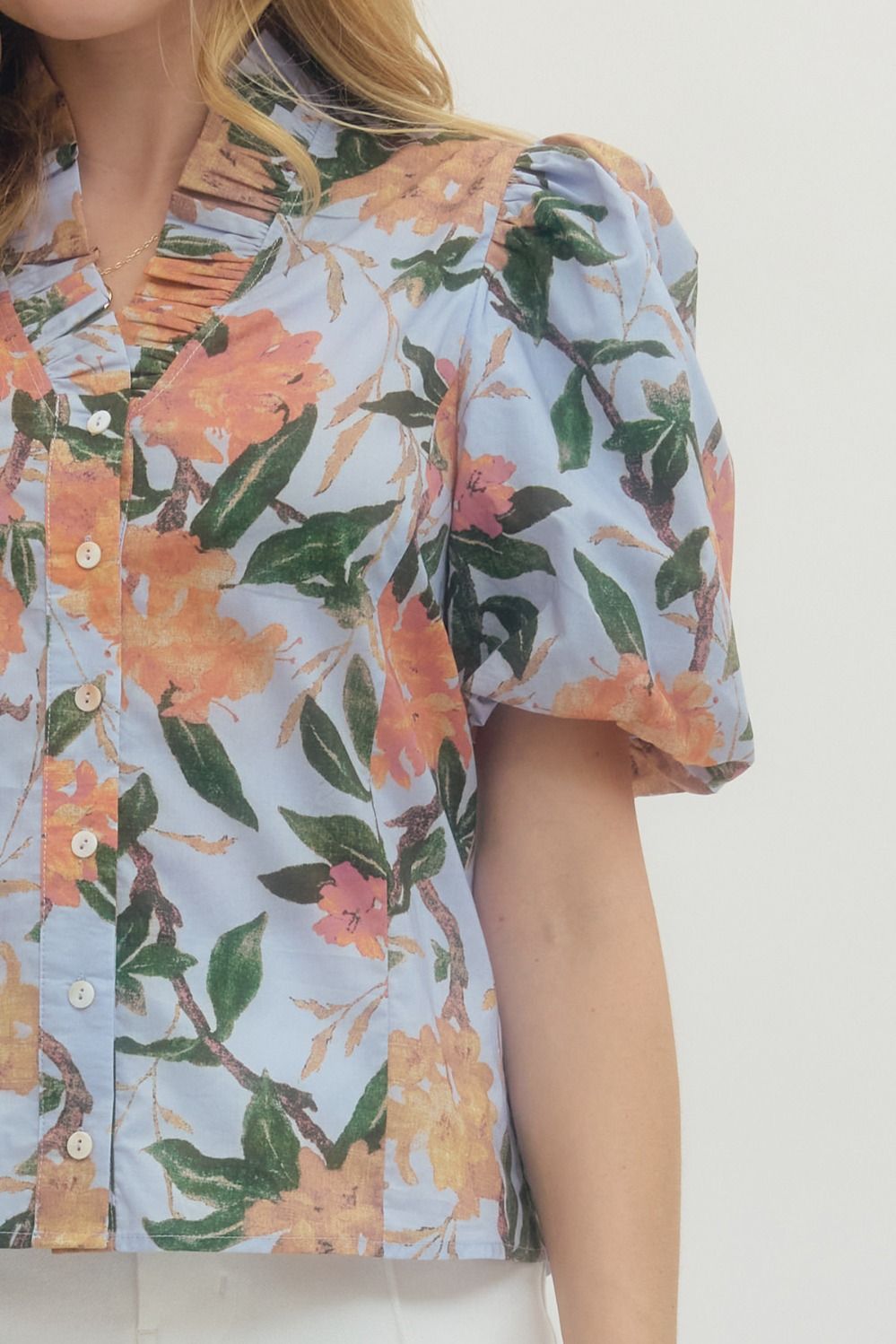 Floral Print Puff Sleeve V-Neck Button Up Top