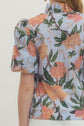 Floral Print Puff Sleeve V-Neck Button Up Top