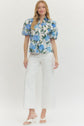 Floral Print Puff Sleeve V-Neck Button Up Top