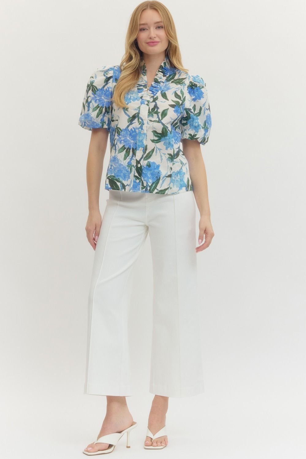 Floral Print Puff Sleeve V-Neck Button Up Top