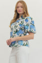 Floral Print Puff Sleeve V-Neck Button Up Top