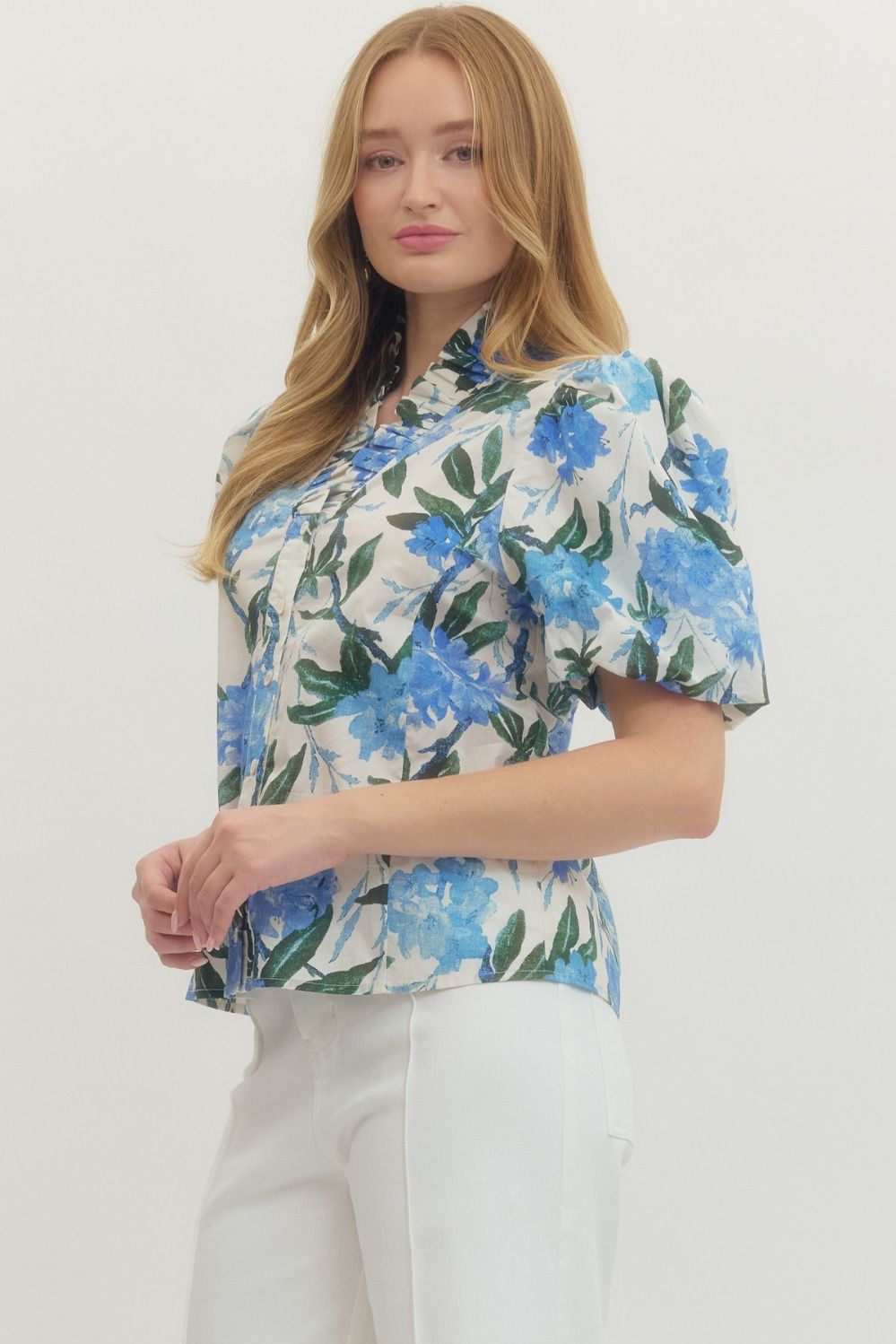 Floral Print Puff Sleeve V-Neck Button Up Top