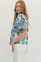 Floral Print Puff Sleeve V-Neck Button Up Top