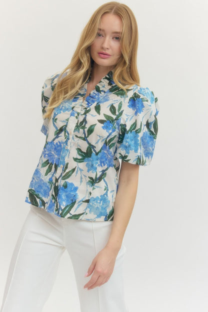 Floral Print Puff Sleeve V-Neck Button Up Top