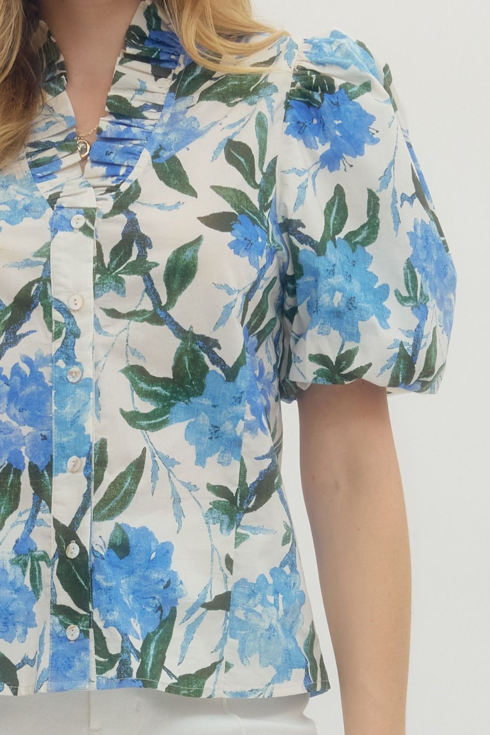 Floral Print Puff Sleeve V-Neck Button Up Top
