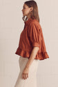 Solid Short Sleeve Button Down Top Featuring Ruffle Hem