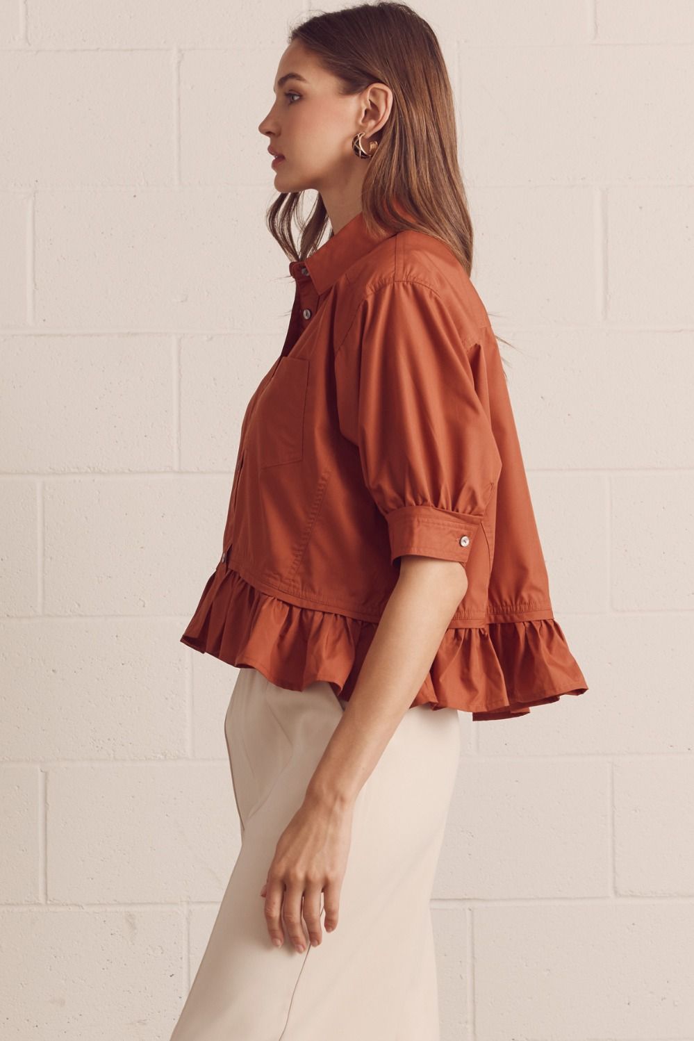 Solid Short Sleeve Button Down Top Featuring Ruffle Hem