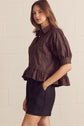 Solid Short Sleeve Button Down Top Featuring Ruffle Hem