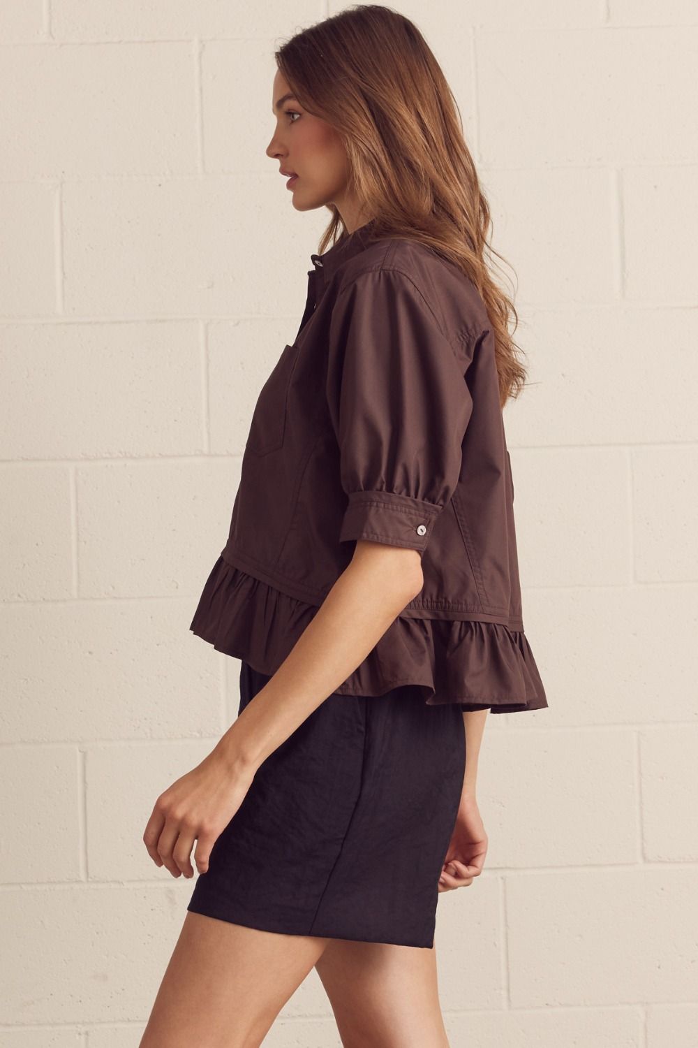 Solid Short Sleeve Button Down Top Featuring Ruffle Hem