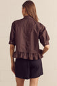 Solid Short Sleeve Button Down Top Featuring Ruffle Hem