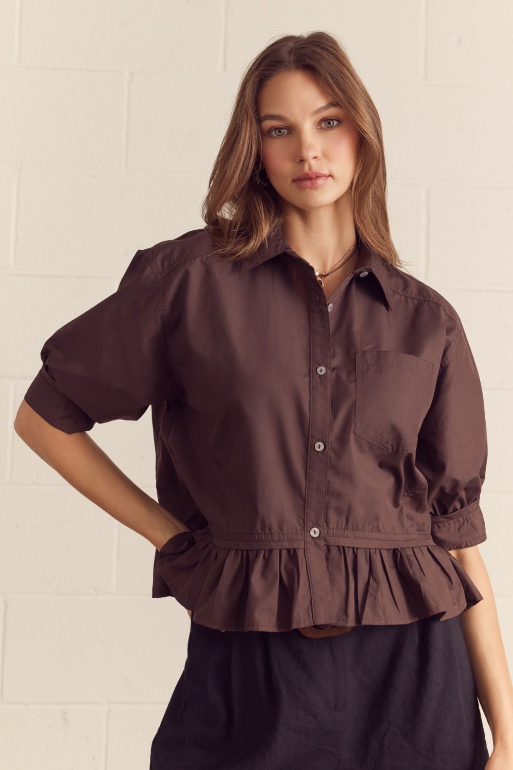 Solid Short Sleeve Button Down Top Featuring Ruffle Hem