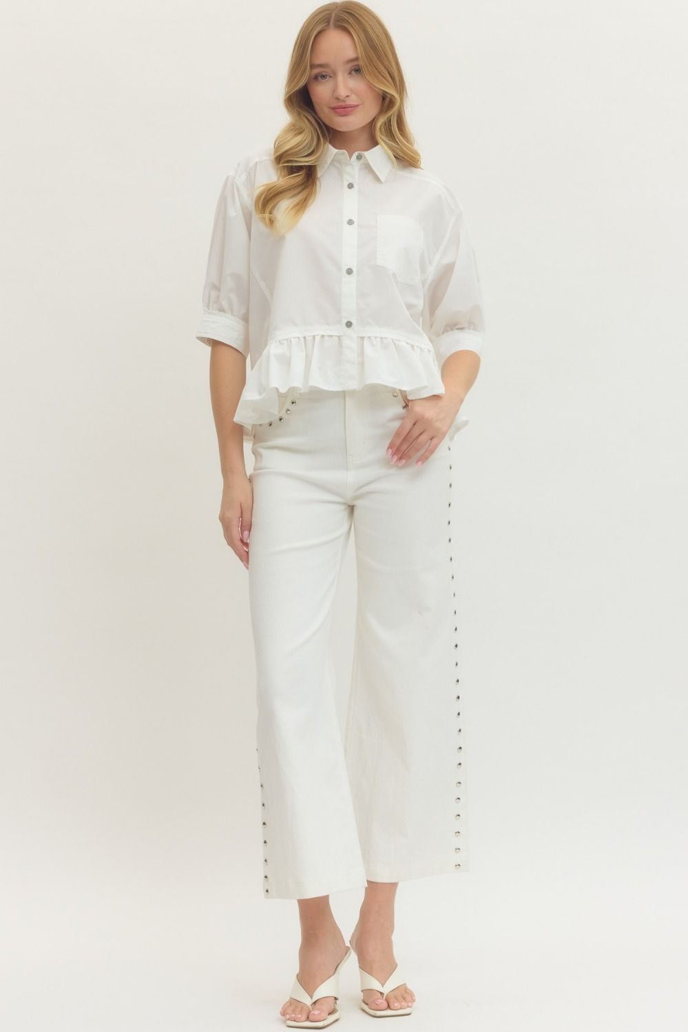 Solid Short Sleeve Button Down Top Featuring Ruffle Hem