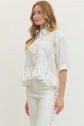Solid Short Sleeve Button Down Top Featuring Ruffle Hem