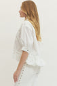Solid Short Sleeve Button Down Top Featuring Ruffle Hem