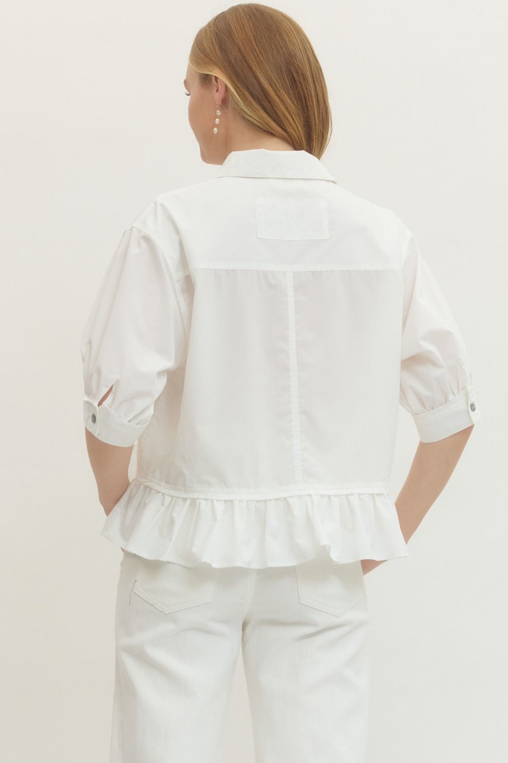 Solid Short Sleeve Button Down Top Featuring Ruffle Hem