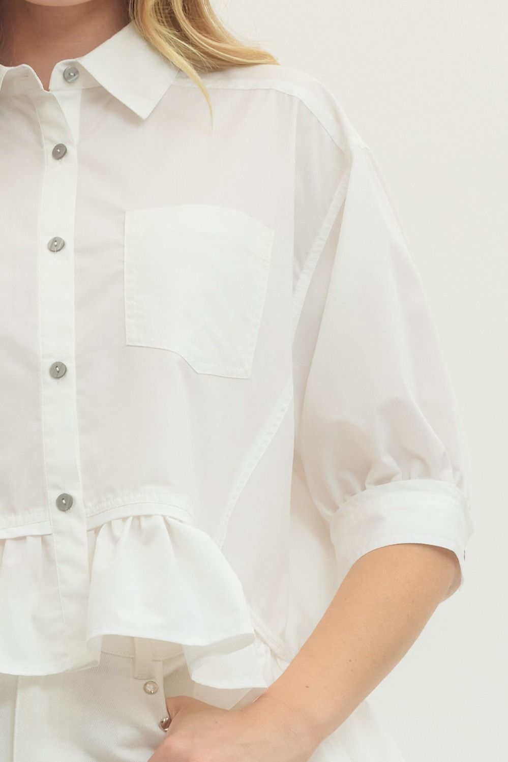Solid Short Sleeve Button Down Top Featuring Ruffle Hem