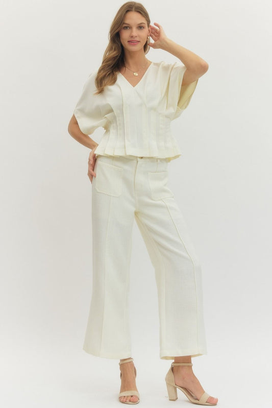 Solid Short Dolman Sleeve Top with Pleated Hem Detail