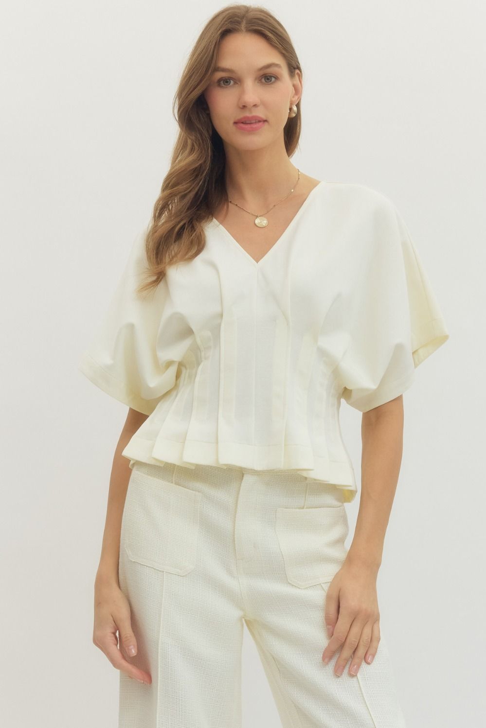 Solid Short Dolman Sleeve Top with Pleated Hem Detail