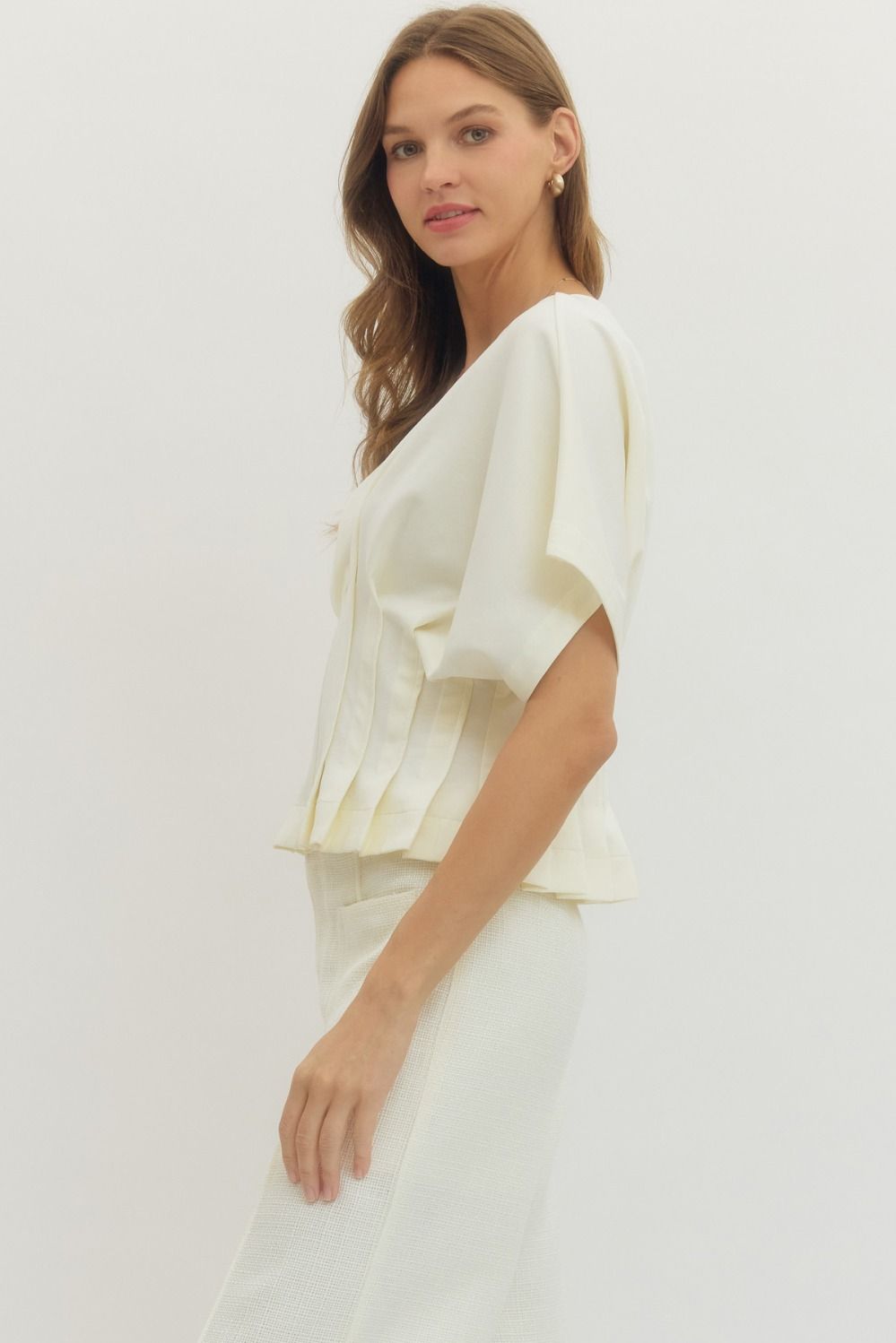 Solid Short Dolman Sleeve Top with Pleated Hem Detail