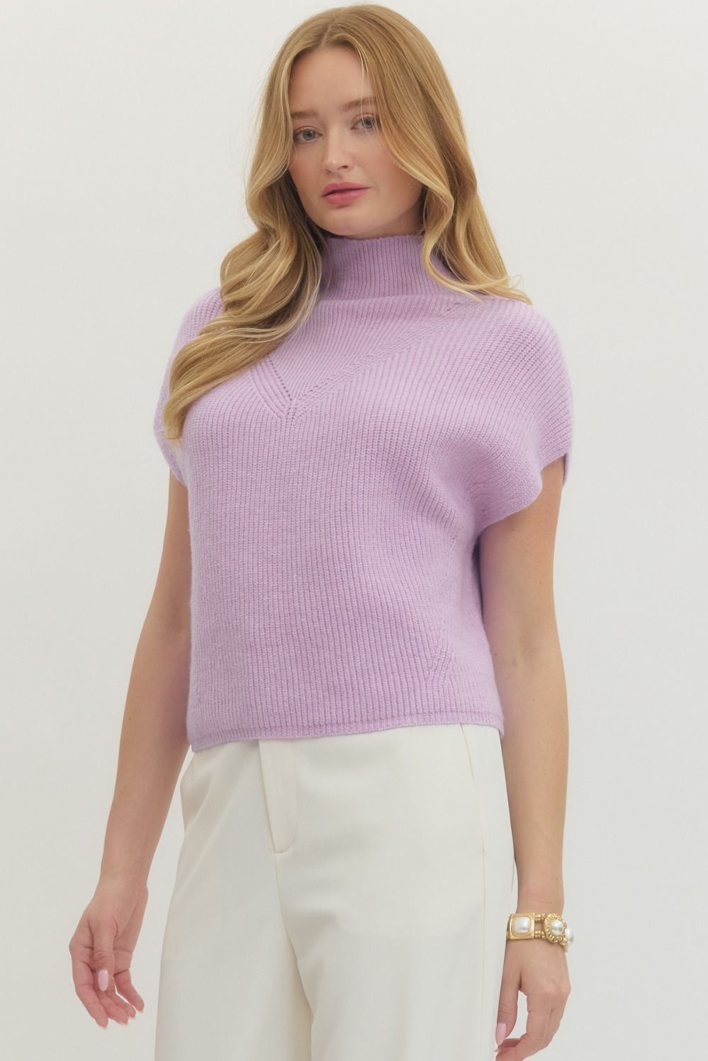 Cap Sleeve Mock Neck Ribbed Sweater Top