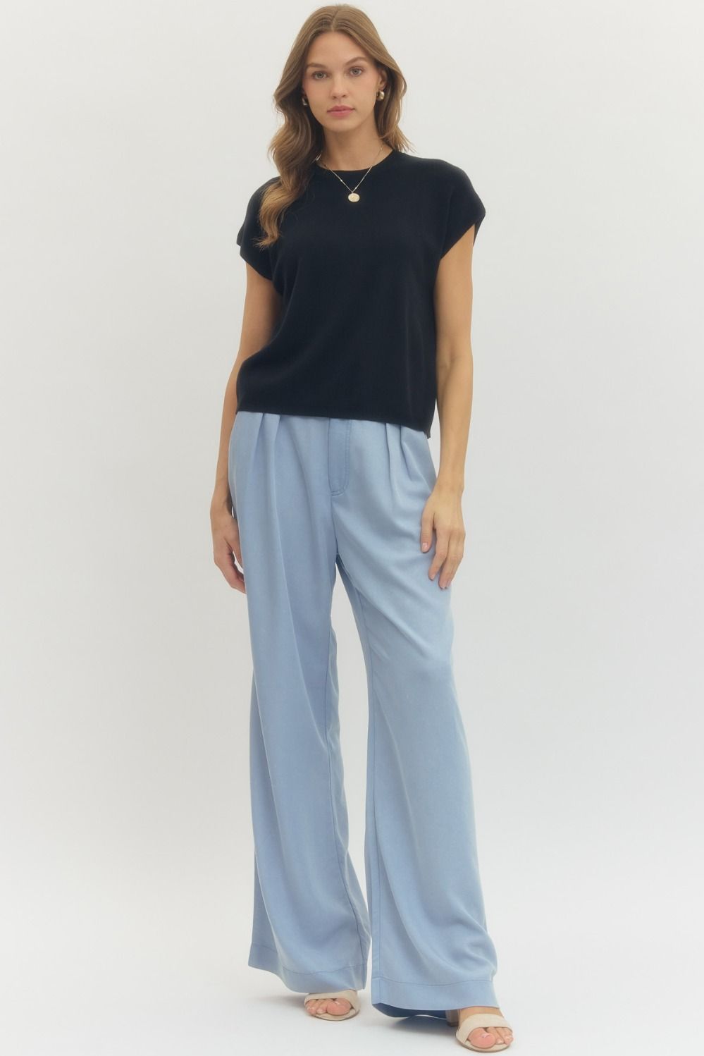 Solid Cap Sleeve Knit Top Featuring Round Neck