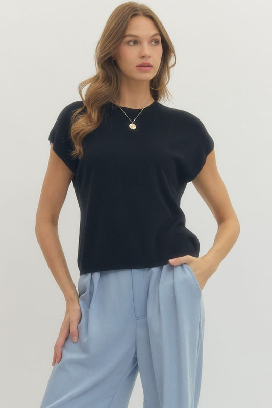Solid Cap Sleeve Knit Top Featuring Round Neck