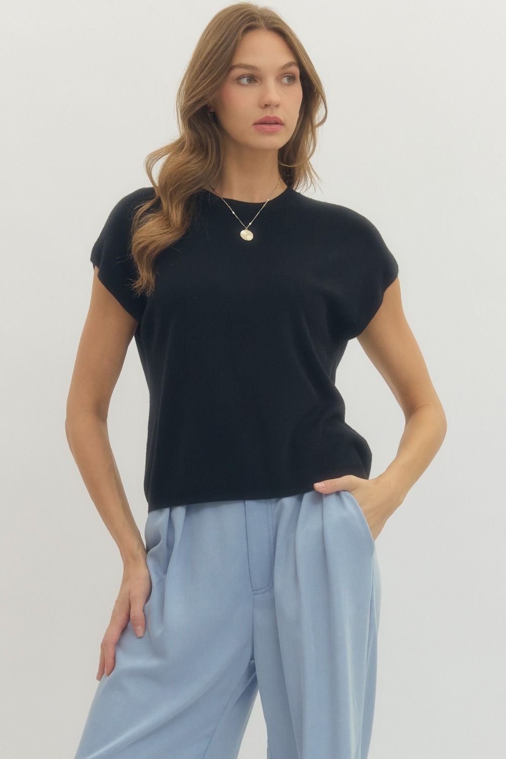 Solid Cap Sleeve Knit Top Featuring Round Neck