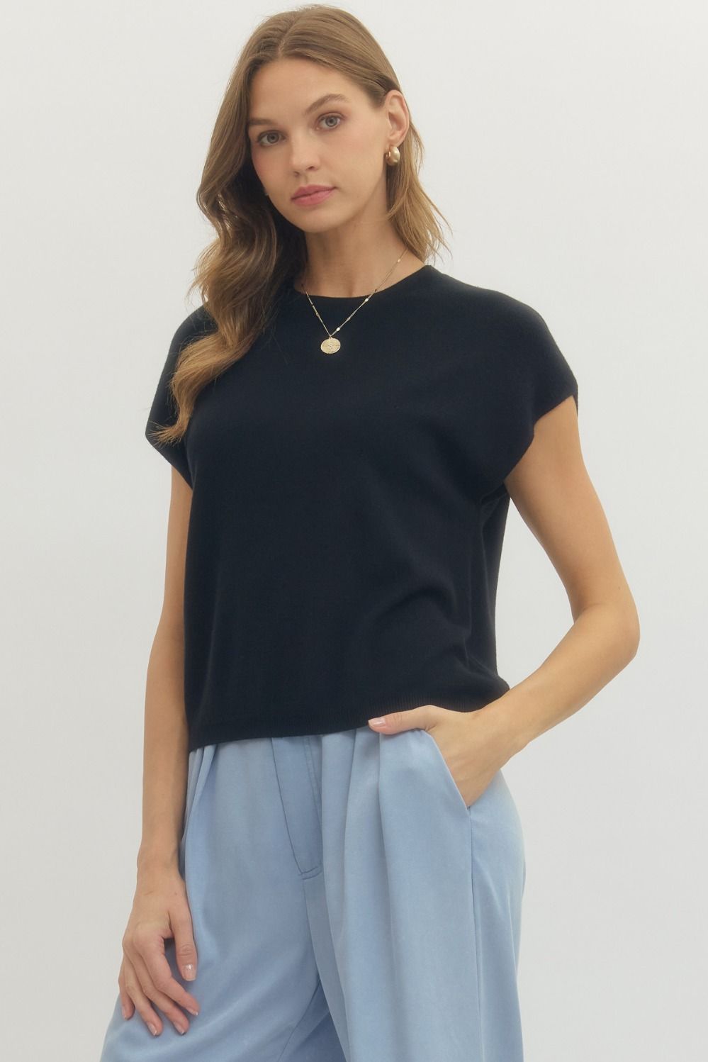 Solid Cap Sleeve Knit Top Featuring Round Neck