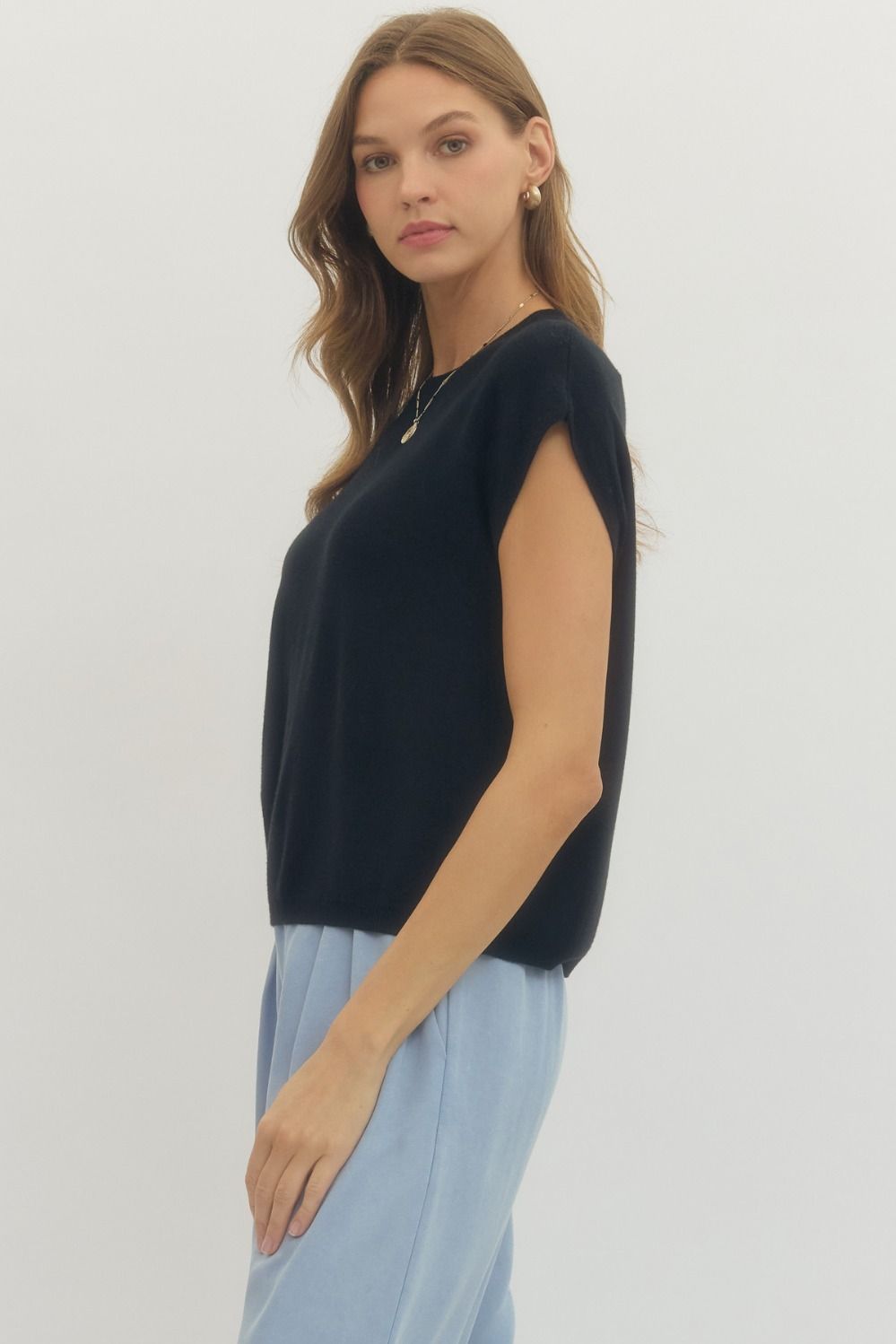 Solid Cap Sleeve Knit Top Featuring Round Neck