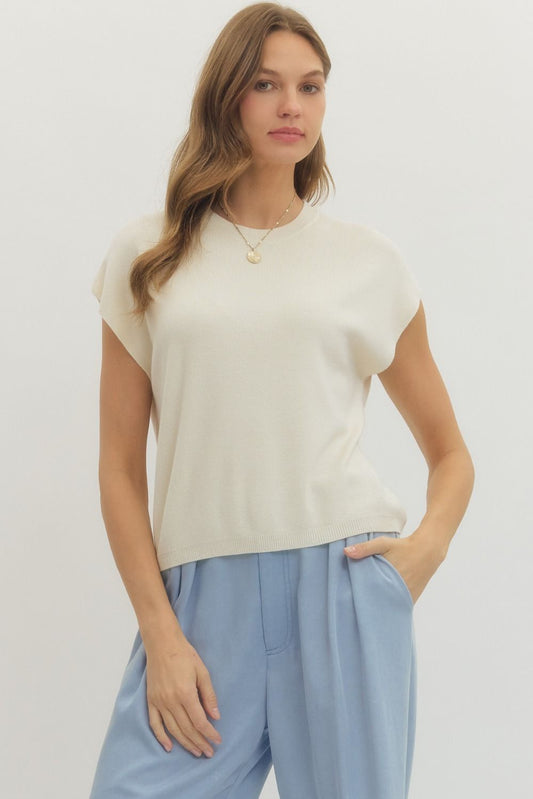 Solid Cap Sleeve Knit Top Featuring Round Neck