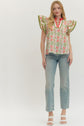 Floral Flutter Sleeve Top Featuring Contrast Trim Neckline