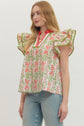Floral Flutter Sleeve Top Featuring Contrast Trim Neckline