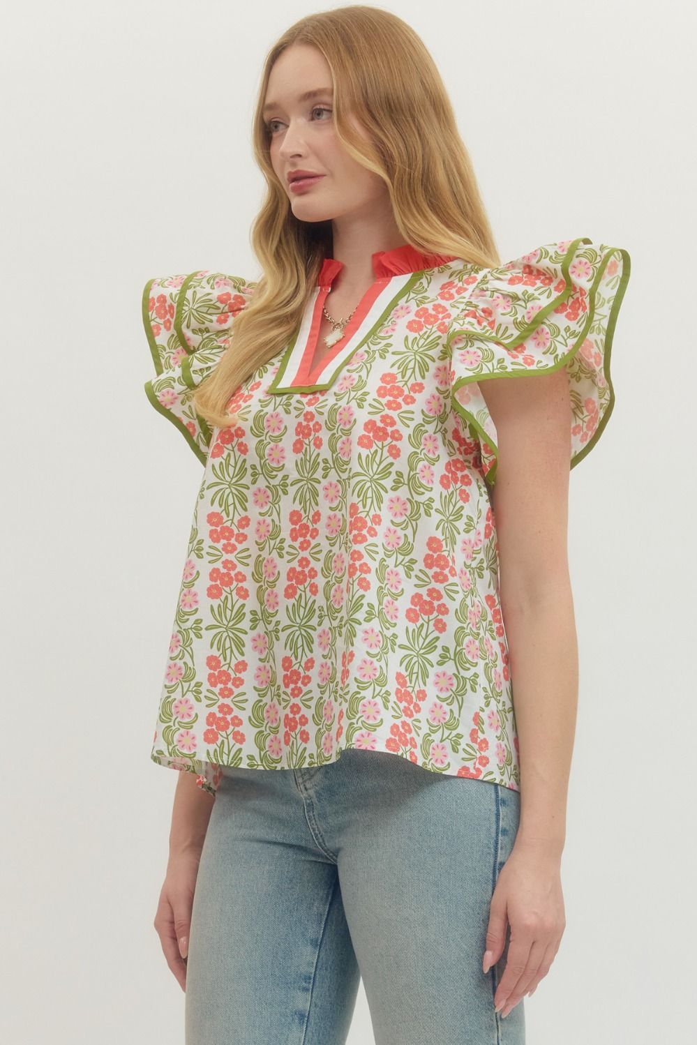 Floral Flutter Sleeve Top Featuring Contrast Trim Neckline