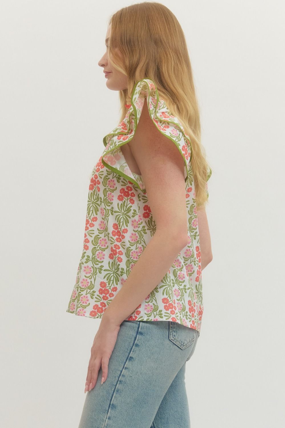 Floral Flutter Sleeve Top Featuring Contrast Trim Neckline