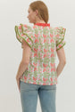 Floral Flutter Sleeve Top Featuring Contrast Trim Neckline