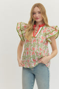 Floral Flutter Sleeve Top Featuring Contrast Trim Neckline