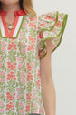 Floral Flutter Sleeve Top Featuring Contrast Trim Neckline