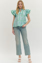 Floral Flutter Sleeve Top Featuring Contrast Trim Neckline
